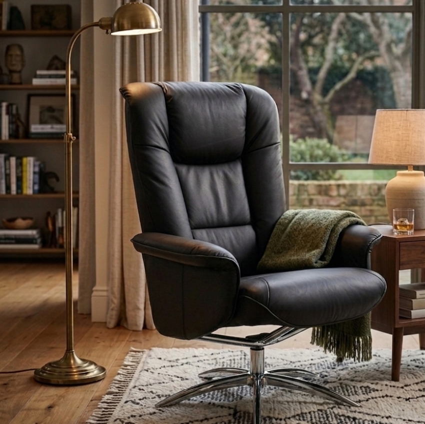 Hjort Knudsen lænestol 3255 - Sort læder m. krom stel | Møbelsalg.dk