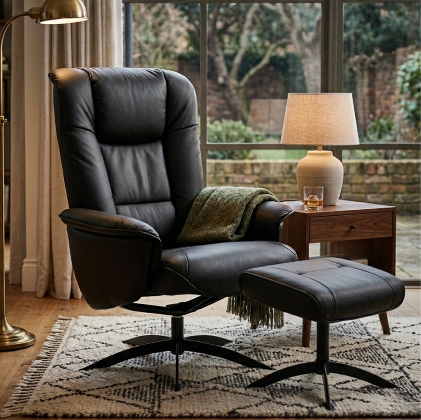 Hjort Knudsen 3255 Lænestol med Fodskammel – Sort