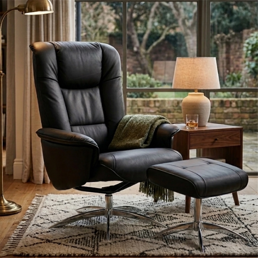 Hjort Knudsen 3255 Lænestol med Fodskammel Sort m. krom stel | Møbelsalg.dk