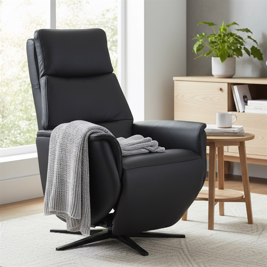 Kim løftestol m/indbygget fodhviler | Sort læder