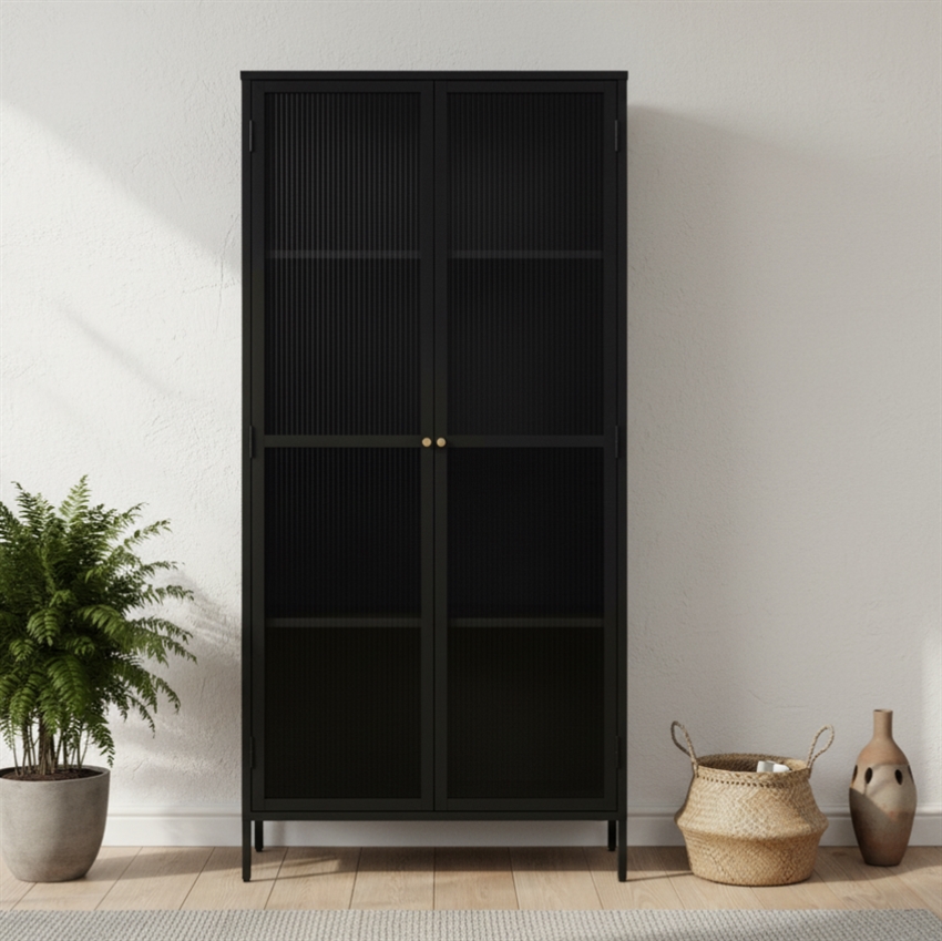 Bronco vitrineskab m. glaslåger | Sort metal