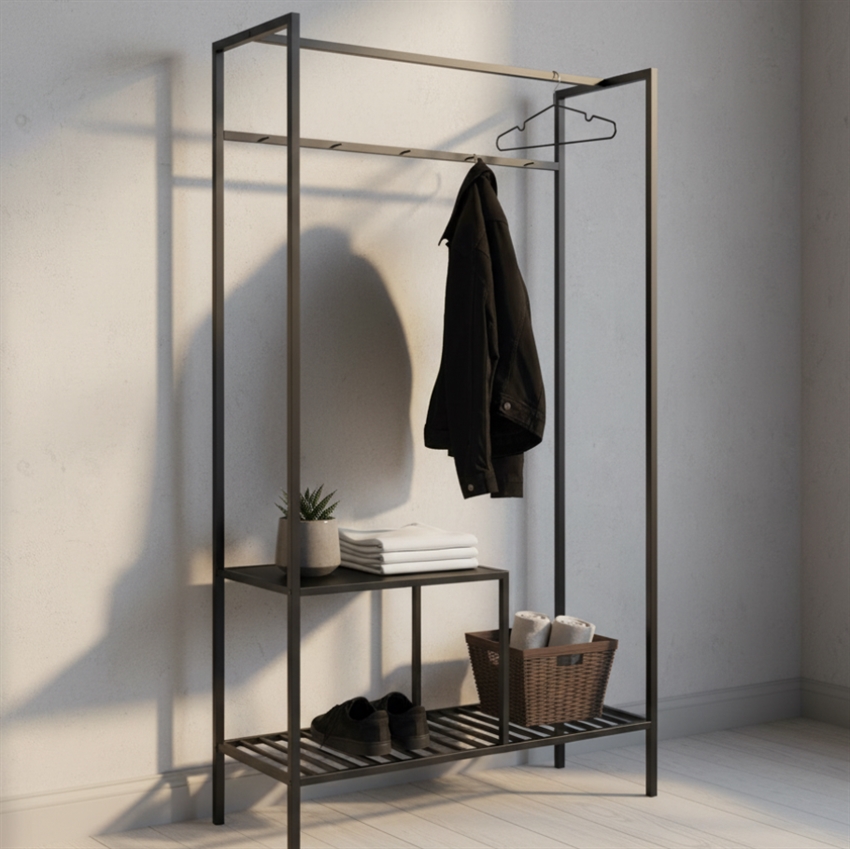 Karl garderobe med 2 hylder | Sort m. sorte ben