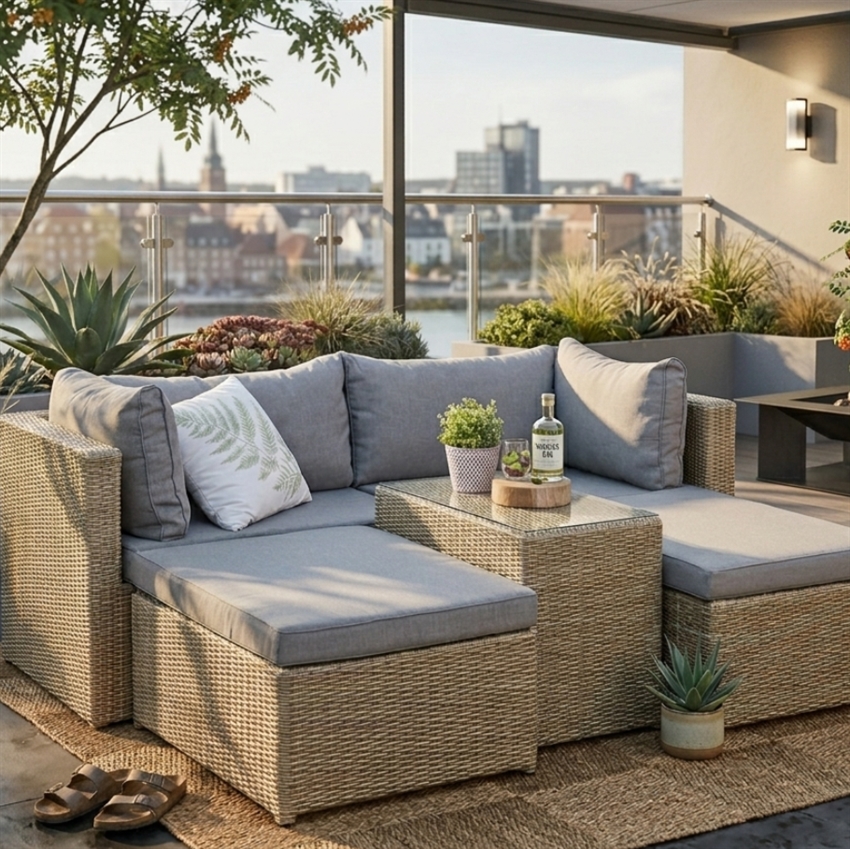 Sandvig loungesæt – 6 dele i brun polyrattan med beige hynder